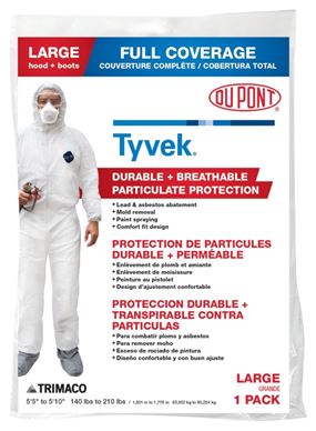 Trimaco COLORmaxx 141222/12 Protective Coveralls with Hood and Boots, L, Zipper Closure, Tyvek, White