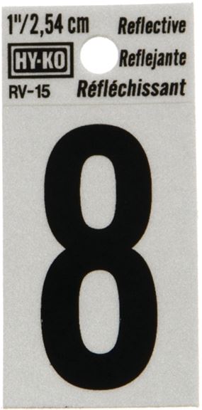 Hy-Ko RV-15/8 Reflective Sign, Character: 8, 1 in H Character, Black Character, Silver Background, Vinyl, Pack of 10