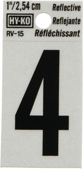 Hy-Ko RV-15/4 Reflective Sign, Character: 4, 1 in H Character, Black Character, Silver Background, Vinyl, Pack of 10