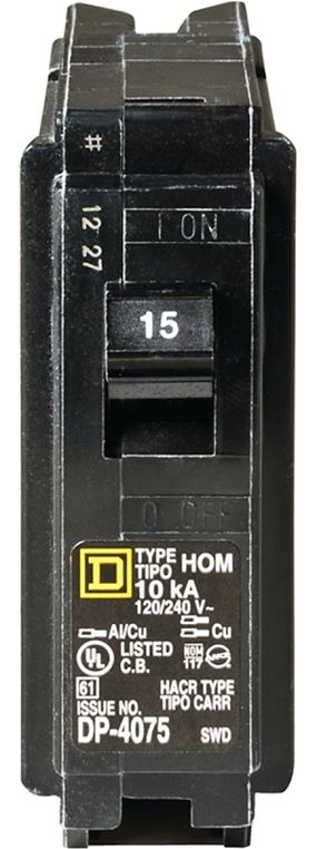Square D Homeline HOM115C Circuit Breaker, Mini, 15 A, 1 -Pole, 120 V, Plug Mounting, Black
