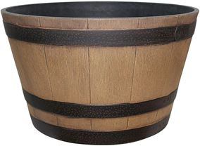 Southern Patio HDR-055440 Planter, 15.4 in H, 15.4 in W, 9.1 in D, Round, Whiskey Barrel Design, Plastic, Natural Oak