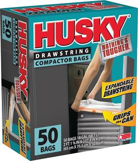Husky HK18XDS050W Trash Compactor Bag with Drawstring, 18 gal Capacity, White, 2 ft 1-5/8 in L, 2 ft 4 in W