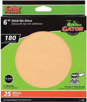 Gator 3242 Sanding Disc, 6 in Dia, Coated, 180 Grit, Very Fine, Aluminum Oxide Abrasive, Paper Backing