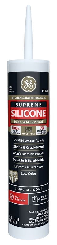 GE Supreme Silicone 2822051 Kitchen & Bath Sealant, Clear, 24 hr Curing, 10.1 fl-oz Cartridge, Pack of 12