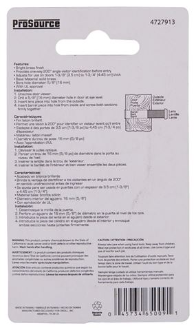 ProSource LR-002BB-PS Door Viewer, 200 deg Viewing, 1-3/8 to 1-3/4 in Thick Door, Solid Brass, Brass