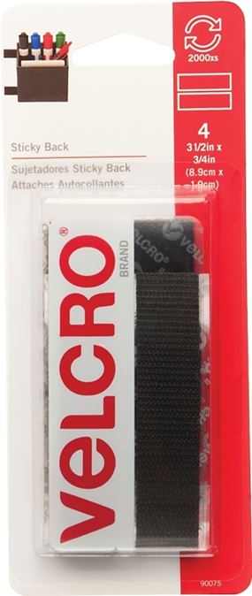 VELCRO Brand 90075 Fastener, 3/4 in W, 3-1/2 in L, Nylon, Black, Rubber Adhesive
