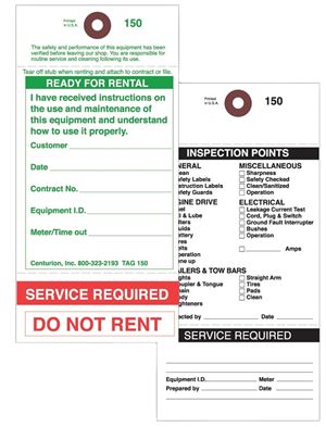 Centurion TAG150PT1 Rental Item Tag, READY-TO-RENT/SERVICE REQUIRED, 3-1/8 in W x 6-1/4 in H Dimensions