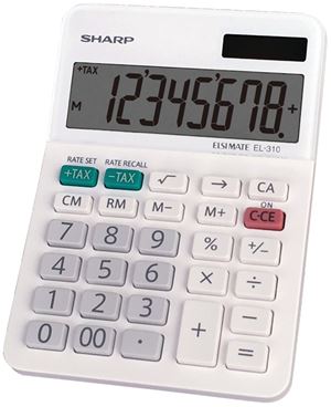 Sharp EL310WB Mini Desktop Calculator, Battery, 8 Display, LCD Display, White