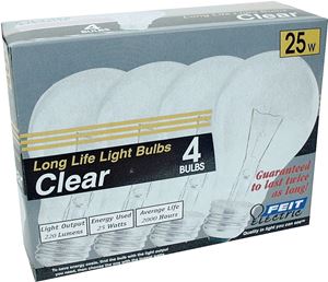 Feit Electric 25A/CL/4-130 Incandescent Bulb, 25 W, A19 Lamp, Medium E26 Lamp Base, 210 Lumens, 2700 K Color Temp, Pack of 30