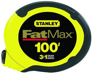 STANLEY 34-130 Measuring Tape, 100 ft L Blade, 3/8 in W Blade, Stainless Steel Blade, ABS Case, Black/Yellow Case