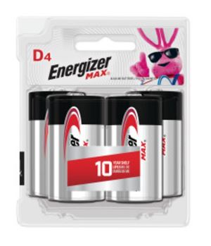 Energizer E95BP-4 Battery, 1.5 V Battery, 18 Ah, D Battery, Alkaline, Manganese Dioxide, Zinc