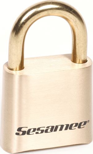 Sesamee K0436 Padlock, Keyed Different Key, 5/16 in Dia Shackle, 1 in H Shackle, Steel Shackle, Solid Brass Body, Brass