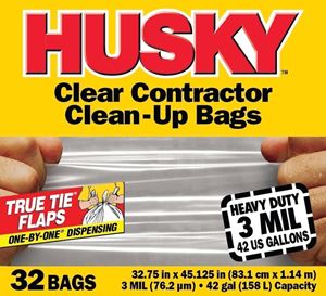 Husky HC42WC032C Clean-Up Trash Bag, 42 gal Capacity, Polyethylene, Clear