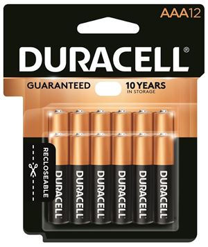 Duracell MN2400B12 Battery, 1.5 V Battery, AAA Battery, Alkaline, Manganese Dioxide, Rechargeable: No