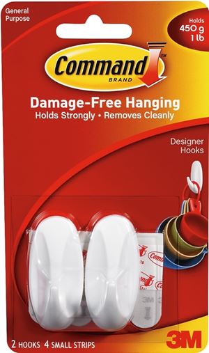 Command 17082 Designer Hook, 1/4 in Opening, 1 lb, 2-Hook, Plastic, White, Pack of 6