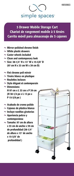 Simple Spaces G005-CH Storage Cart, 13 in OAW, 38-1/4 in OAH, 15-3/8 in OAL, 5-Shelf, White Shelf