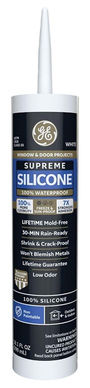 GE Supreme Silicone 2814819 Window & Door Sealant, White, 24 hr Curing, 10.1 fl-oz Cartridge, Pack of 12