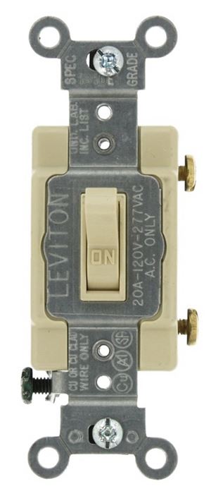 Leviton 54521-2I Switch, Ivory, 20 A, 1-Poles, 120/277 V, Lead Wire Terminal, NEMA WD-1, WD-6