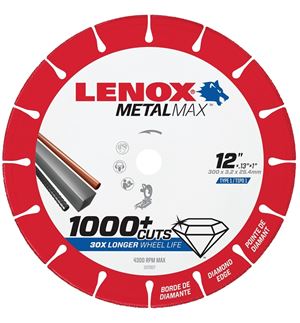 Lenox MetalMax 1972927 Cut-Off Wheel, 12 in Dia, 0.13 in Thick, 1 in Arbor, 25, 30 Grit, Diamond Abrasive