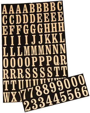 Hy-Ko MM-2 Packaged Number and Letter Set, 7/8 in H Character, Gold Character, Black Background, Mylar, Pack of 10