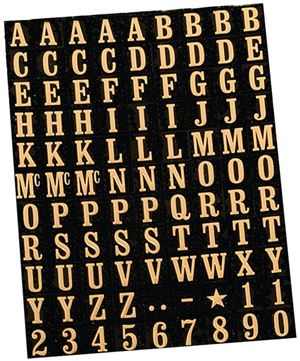 Hy-Ko MM-1 Packaged Number and Letter Set, 5/16 in H Character, Gold Character, Black Background, Mylar, Pack of 10