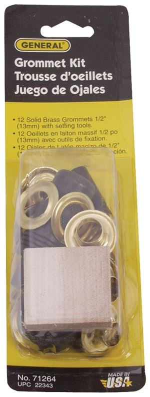 General 71264 Grommet Kit, Includes: Anvil, Cutting Block, (48) 1/2 in Grommets, Hole Cutter and Mandrill, Brass