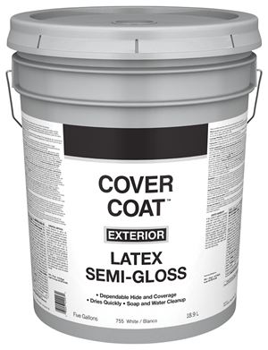 Valspar Cover Coat 044.0000755.008 Exterior Paint, Semi-Gloss, White, 5 gal, Plastic Pail, Latex Base