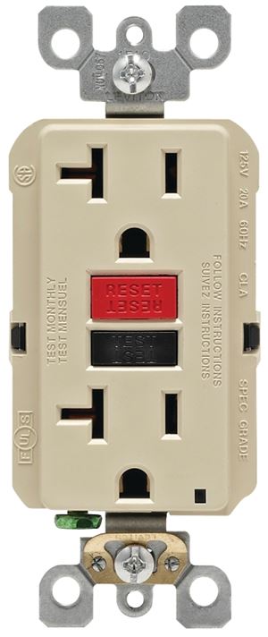 Leviton R99-GFNT2-0RI GFCI Duplex Receptacle, 2 -Pole, 20 A, 125 V, Back, Side Wiring, NEMA: 5-20R, Ivory