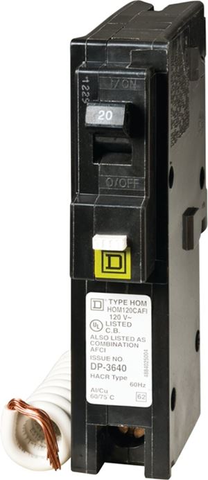 Square D HOM120CAFIC Circuit Breaker, AFCI, Combination, 20 A, 1 -Pole, 120 V, Fixed Trip, Plug Mounting
