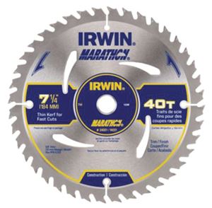 Irwin Marathon 24031 Circular Saw Blade, 7-1/4 in Dia, 5/8 in Arbor, 40-Teeth, Carbide Cutting Edge