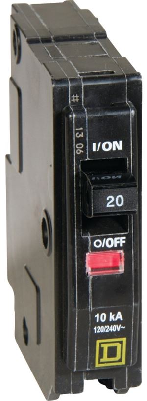 Square D QO QO120C Circuit Breaker, Mini, 20 A, 1 -Pole, 120/240 VAC, 48 VDC, Plug Mounting