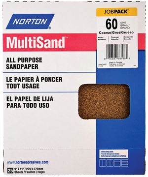 Norton Adalox 07660700152 Sanding Sheet, 11 in L, 9 in W, Coarse, 60 Grit, Aluminum Oxide Abrasive, Paper Backing, Pack of 50
