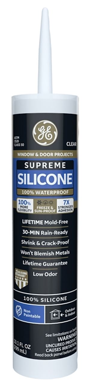 GE Supreme Silicone 2814816 Window & Door Sealant, Clear, 24 hr Curing, 10.1 fl-oz Cartridge, Pack of 12