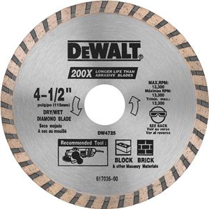 DeWALT DW4725 Circular Blade, 4-1/2 in Dia, 7/8 in Arbor, Diamond Cutting Edge