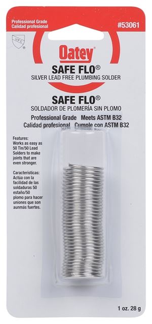 Oatey Safe-Flo 53061 Wire Solder, 1 oz Carded, Solid, Gray/Silver, 415 to 455 deg F Melting Point