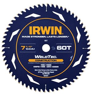 Irwin 1934342 Circular Saw Blade, 7-1/4 in Dia, 5/8 in Arbor, 60-Teeth, Carbide Cutting Edge