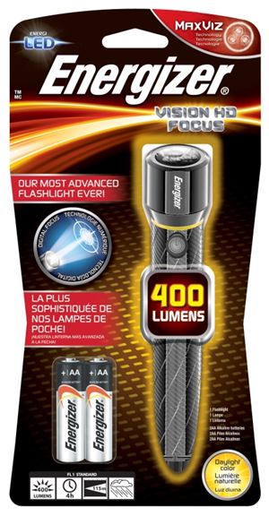 Energizer EPMZH21E Flashlight, AA Battery, LED Lamp, 400 Lumens, 115 m Beam Distance, 4 hr Run Time, Silver