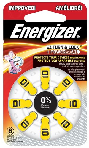 Energizer 10 AZ10DP-8 Hearing Aid Battery, 1.4 V Battery, 89 mAh, Zinc-Air