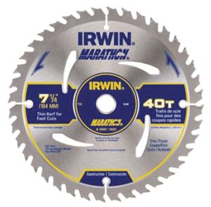 Irwin Marathon 14031 Circular Saw Blade, 7-1/4 in Dia, 5/8 in Arbor, 40-Teeth, Carbide Cutting Edge