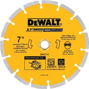 DeWALT DW4714T Circular Saw Blade, 7 in Dia, 5/8 in Arbor, Diamond Cutting Edge, Applicable Materials: Masonry