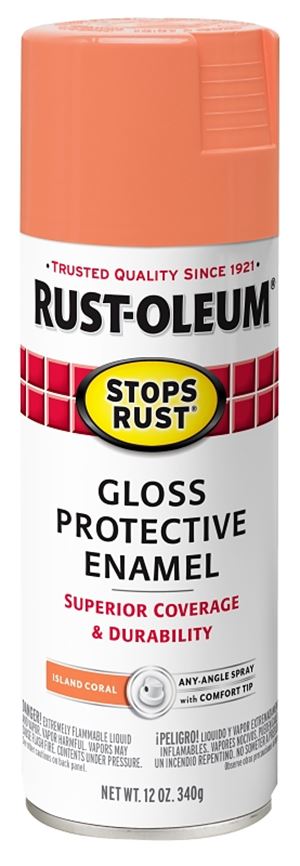 Rust-Oleum Stops Rust 353010 Protective Enamel Paint, Gloss, Island Coral, 12 oz, Aerosol Can