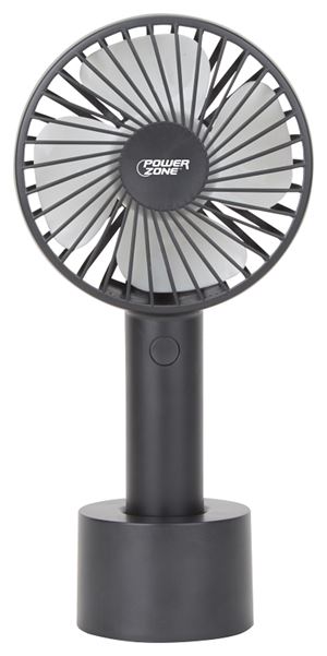 PowerZone 802B Rechargeable Handheld Fan, 5 VAC, 4 in Dia Blade, 4-Blade, 3-Speed, Black