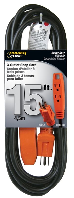 PowerZone OR890715 Extension Cord, 14 AWG Cable, 5-15P Grounded Plug, 5-15R Grounded Receptacle, 15 ft L, 125 V