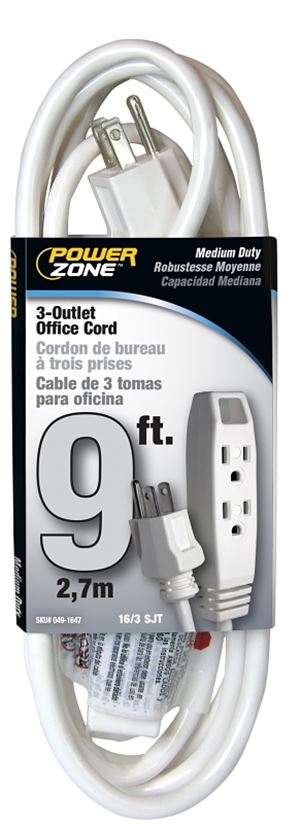 PowerZone OR890609 Office Extension Cord, 16 AWG Cable, 5-15P Grounded Plug, 5-15R Grounded Receptacle, 9 ft L