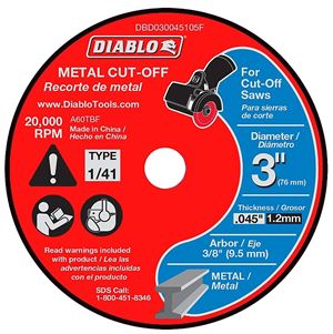 Diablo DBD030045105F Cut-Off Disc, 3 in Dia, 0.045 in Thick, 3/8 in Arbor, Aluminum Oxide Abrasive