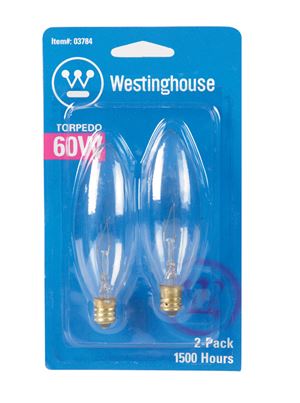 Westinghouse  Incandescent Light Bulb  60 watts 615 lumens 2700 K Torpedo  B10  Candelabra Base (E12