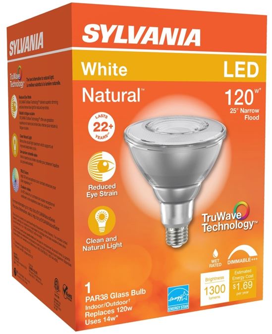 Sylvania 40903 Natural LED Bulb, Spotlight, PAR38 Lamp, E26 Lamp Base, Dimmable, Clear, Cool White Light - VORG1228519