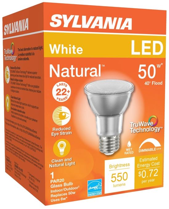 Sylvania 40920 Natural LED Bulb, Spotlight, PAR20 Lamp, E26 Lamp Base, Dimmable, Cool White Light, 3000 K Color Temp - VORG1228261