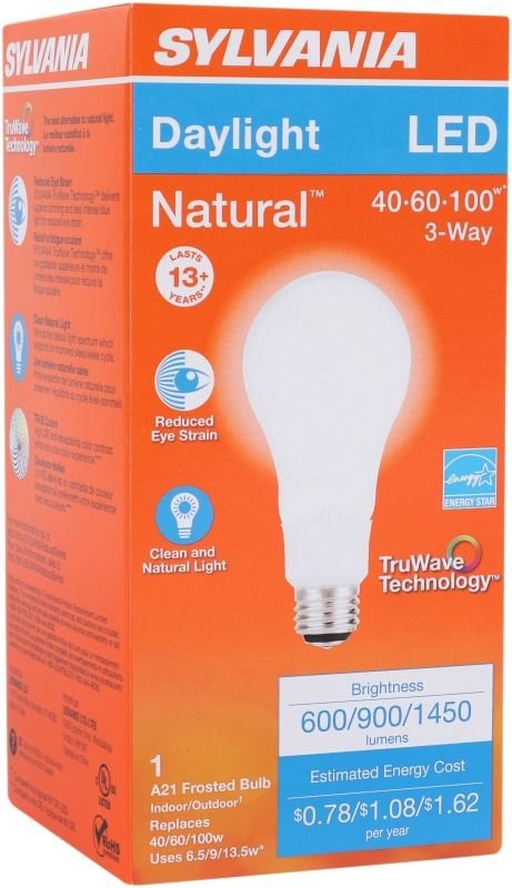 Sylvania 40778 Natural LED Bulb, 3-Way, A21 Lamp, 100 W Equivalent, E26 Lamp Base, Dimmable, Frosted, Daylight Light - VORG1228048