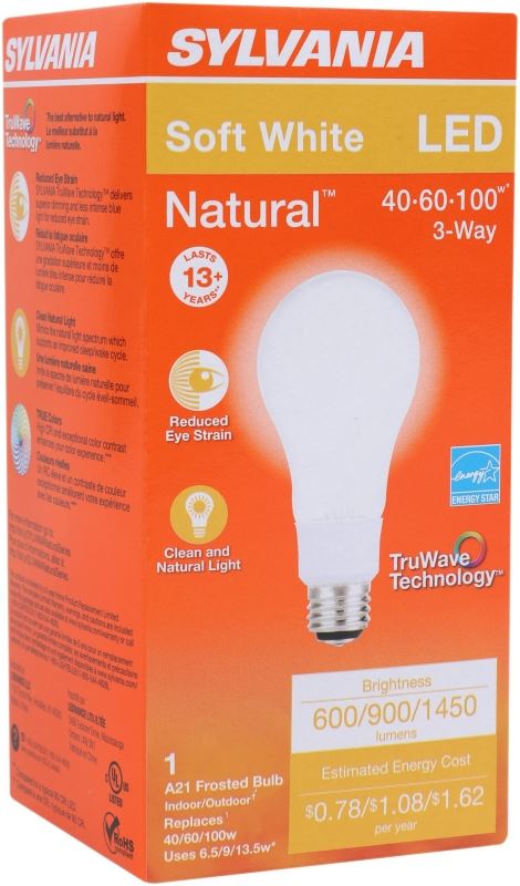 Sylvania 40777 Natural LED Bulb, 3-Way, A21 Lamp, 40/60/100 W Equivalent, E26 Lamp Base, Dimmable, Frosted - VORG1228030